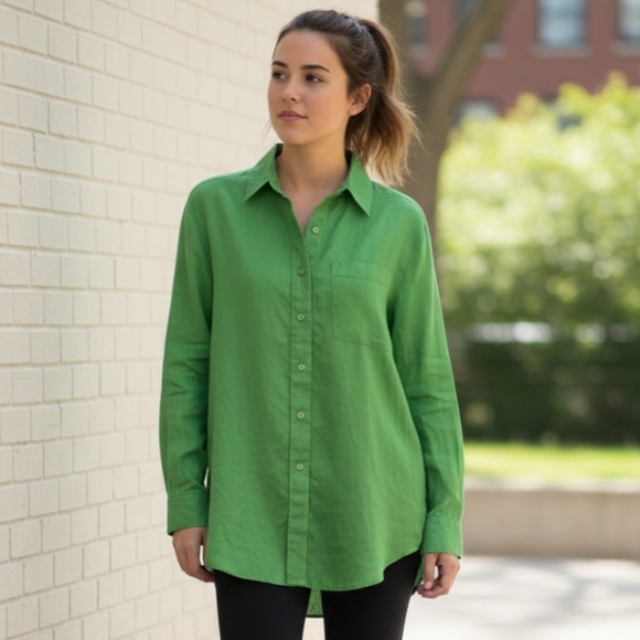 Westbound Tops - Westbound Kelly Green Linen Boyfriend Shirt